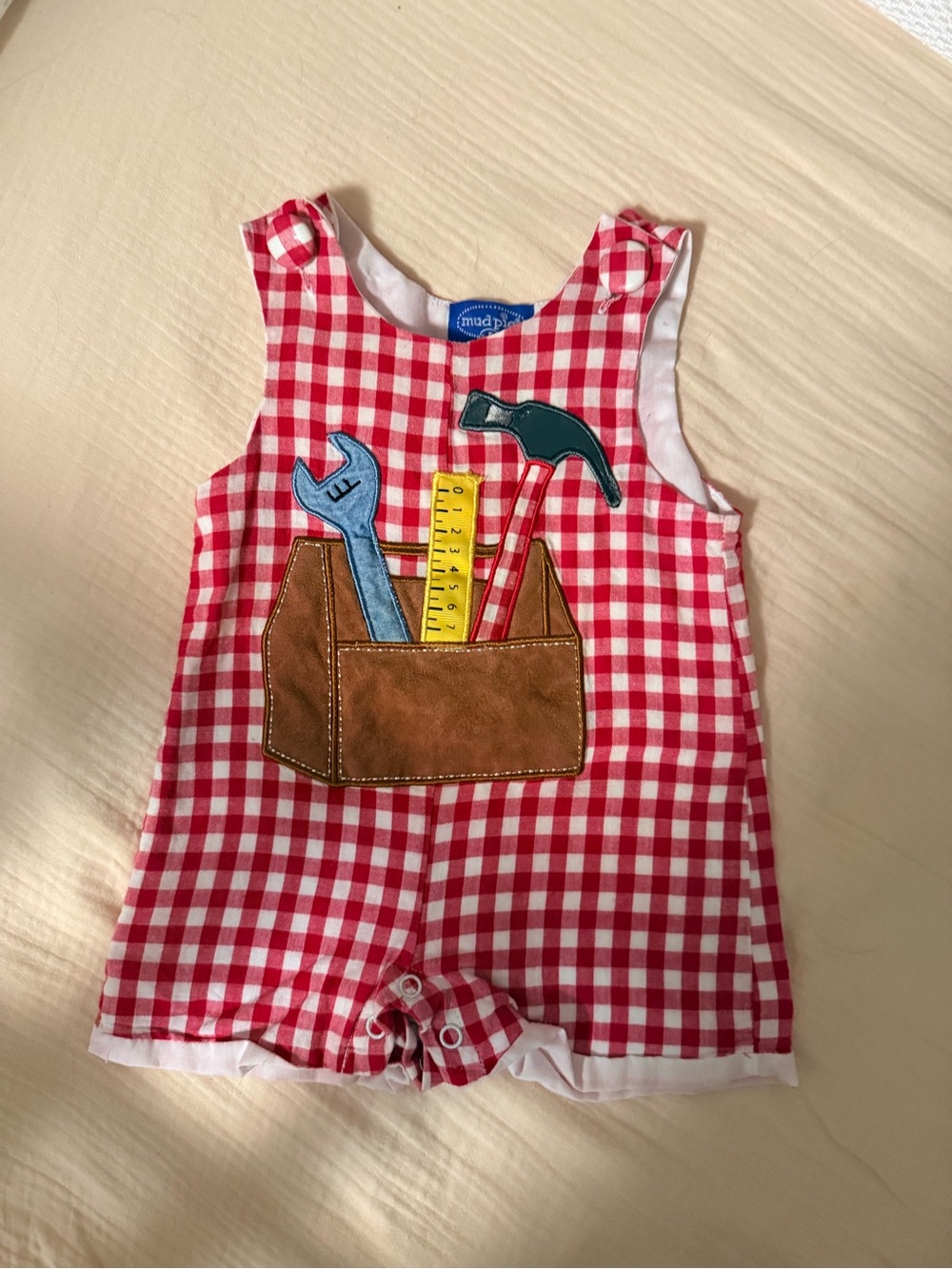 Mud Pie Red Gingham Toolbox Appliqué Romper
